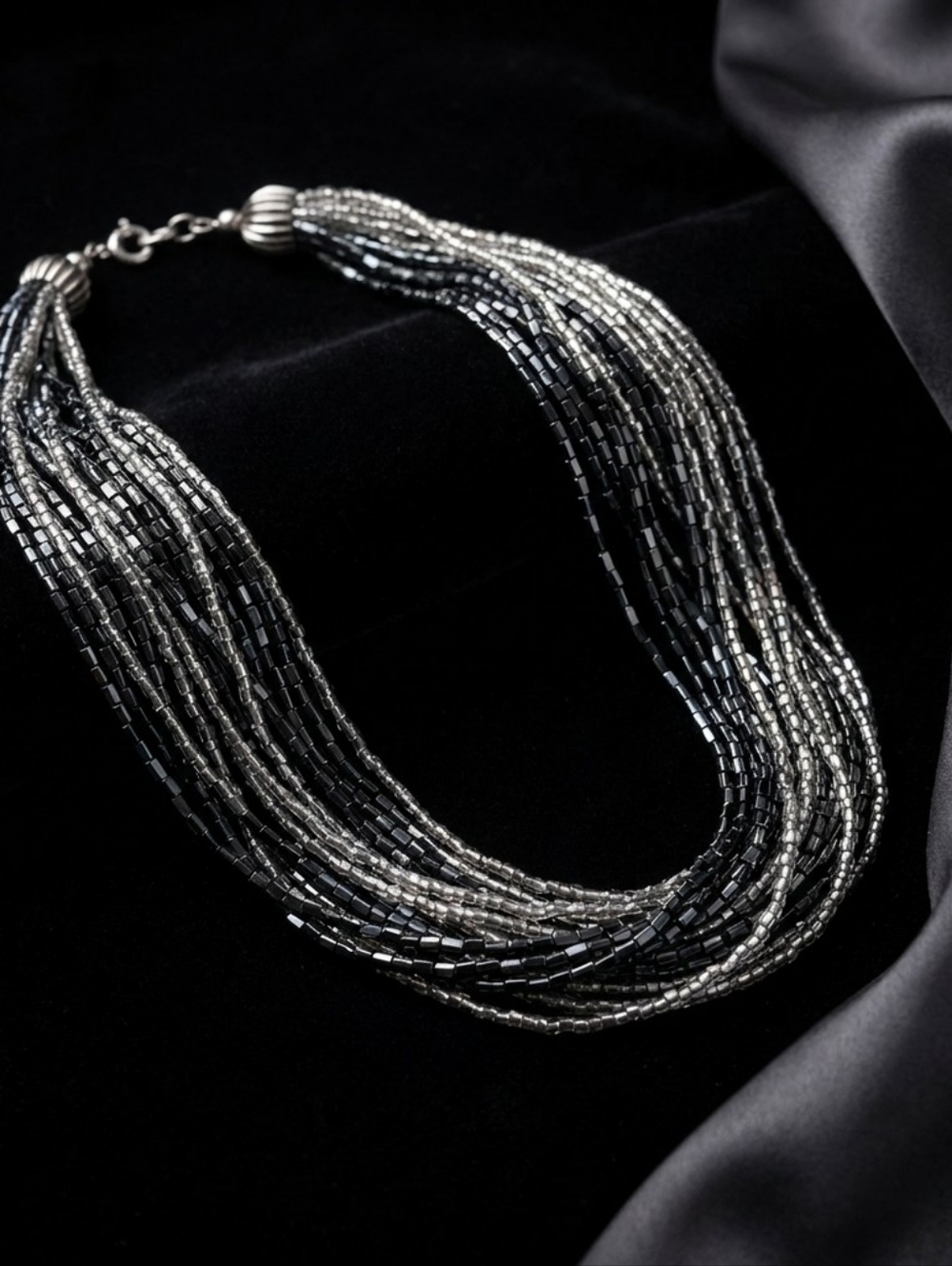 Elegant Multi-Strand Seed Bead Necklace - Black & Silver Tone cns - Picture 8 of 10